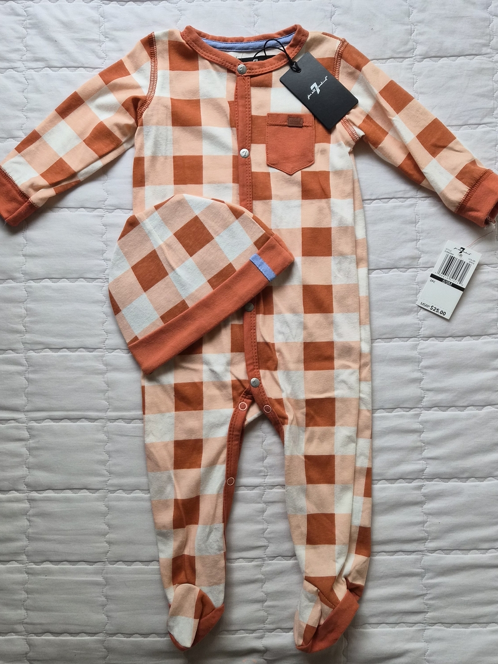 Baby One-Piece Footed Pajamas with Matching Hat - Orange Check